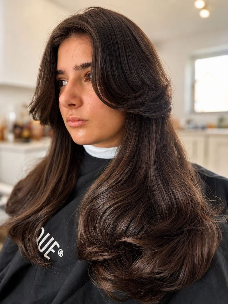 Long layered cut with curtain fringe and a voluminous blow-dry