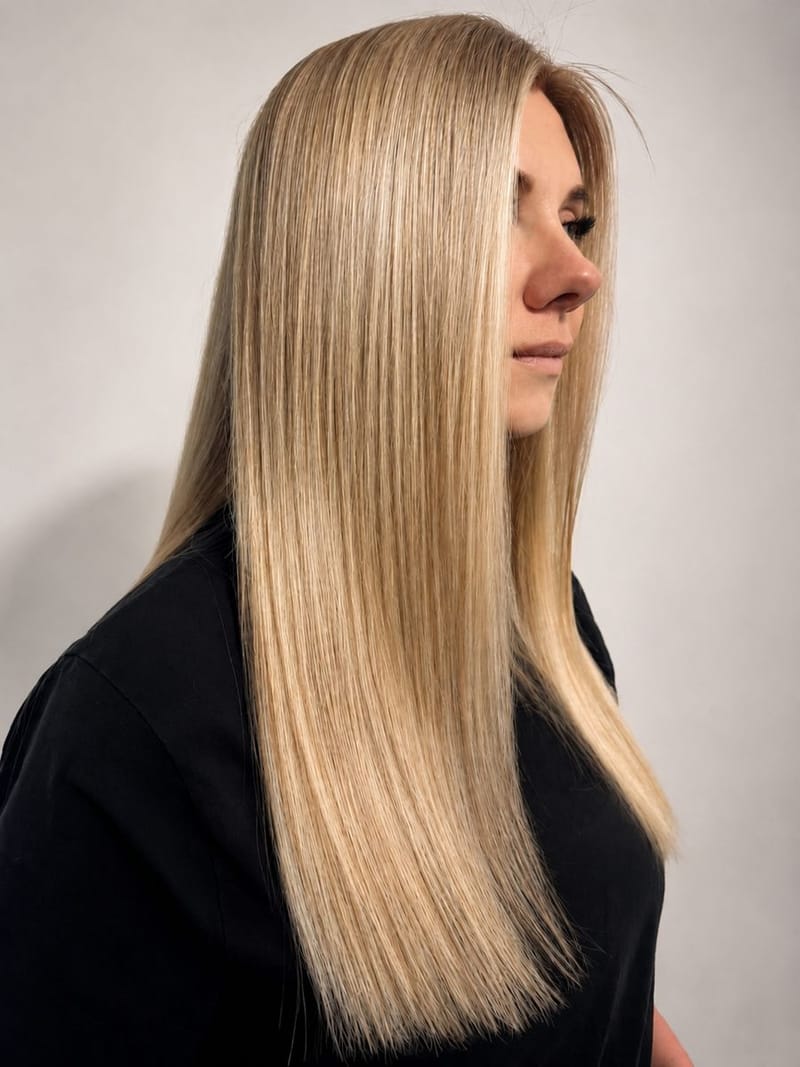 Sleek, glossy straight blonde with soft tonal colour