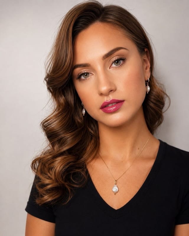 Soft glam makeup with glossy brunette waves